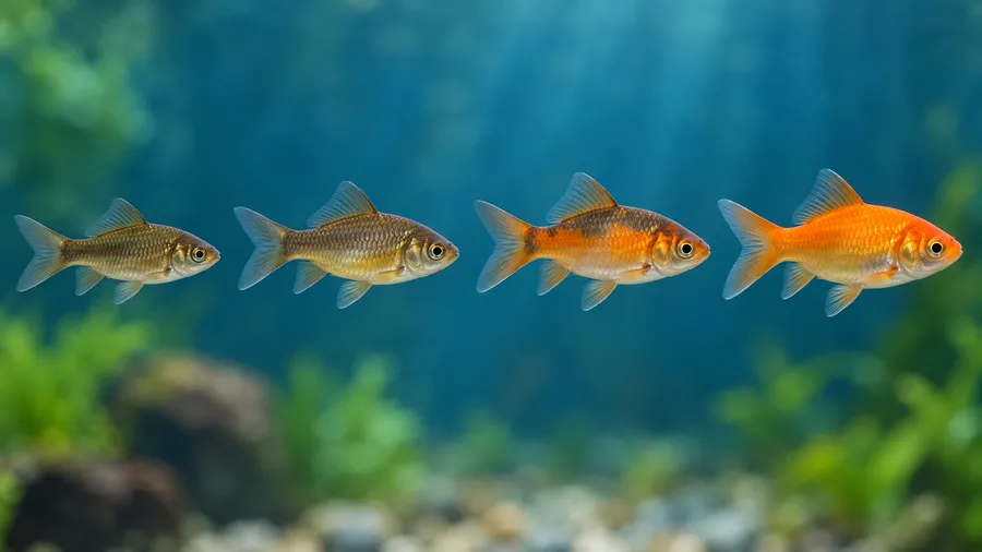 Four young fish in a row, going from bronze, to patchy, to fully orange