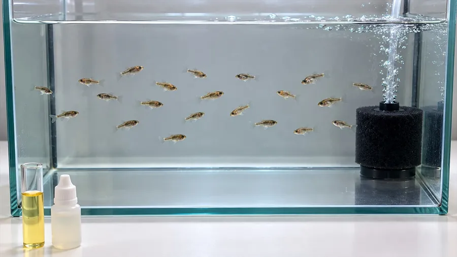 A bare-bottom tank of young fry with a bubbling sponge filter, and a test tube and dropper bottle in front