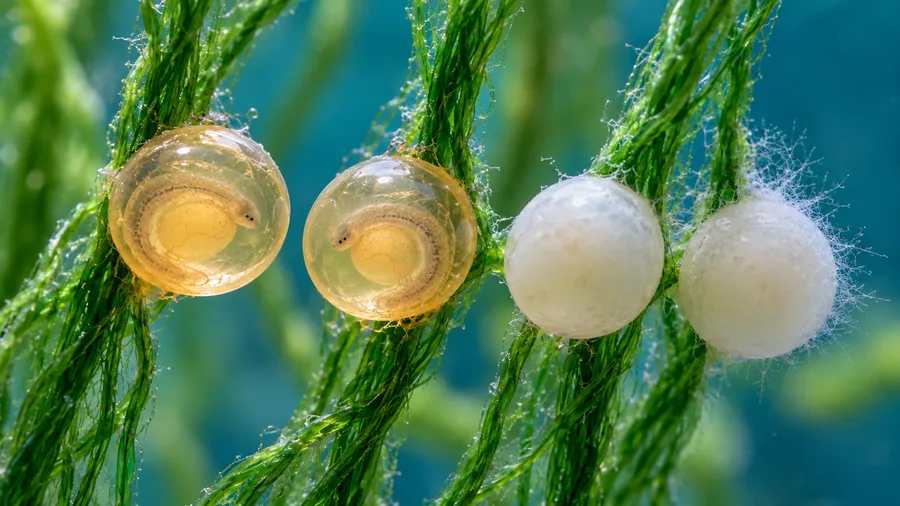Two see-through eggs with young fish curled inside, next to two white eggs, one covered in fuzzy fungus