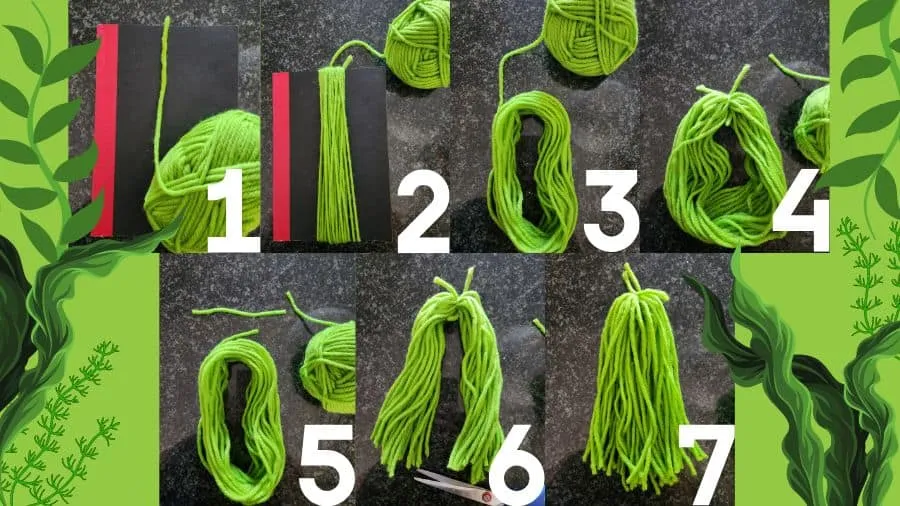 Numbered photos of winding green yarn around a book, securing the top, and cutting the bottom loops