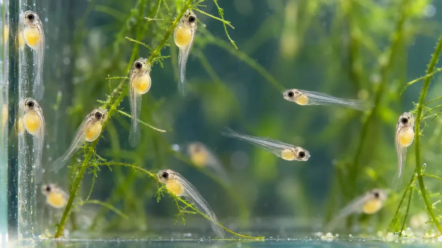 See-through fry with yellow yolk sacs clinging to glass and plants, while three swim level