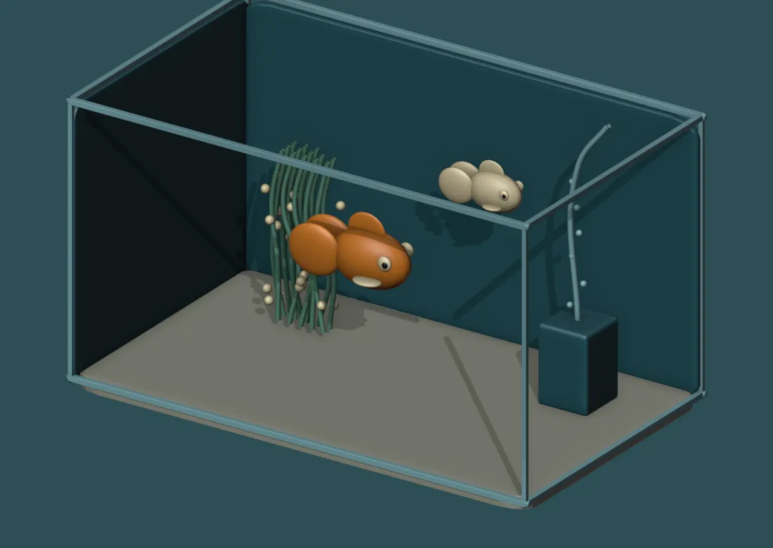 Illustrated tank with adult goldfish beside an egg-covered spawning mop
